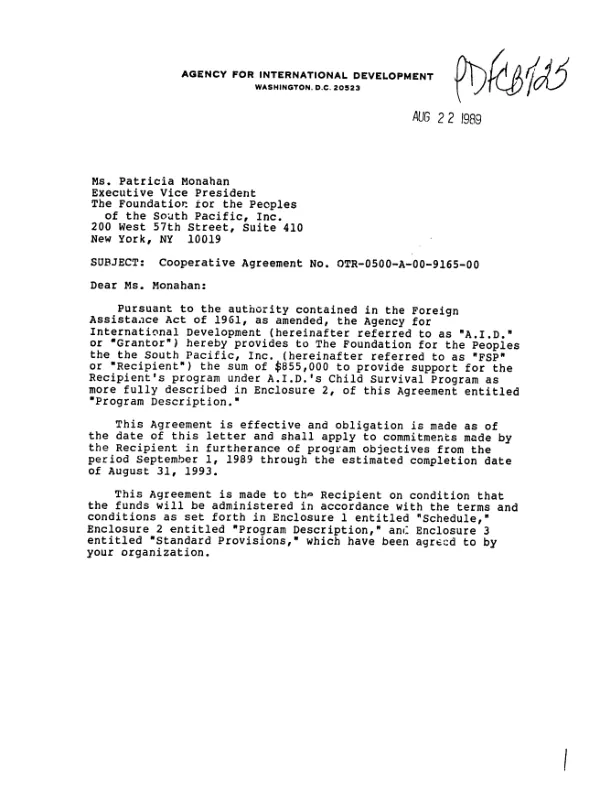 AID cooperative agreement no. OTR-0500-A-00-9165-00 with the Foundation for the Peoples of the South Pacific, Inc. to support the child survival project with aims to reduce the high rates of infant mortality and morbidity in Vanuatu