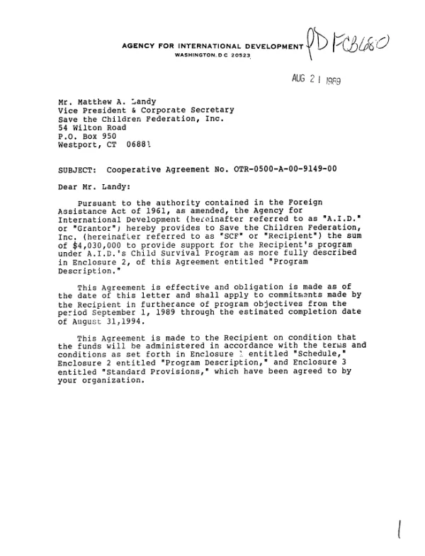 AID cooperative agreement no. OTR-0500-A-00-9149-00 with Save the Children Federation, Inc. to support a child survival project in Burkina Faso, Bolivia, Indonesia, Malawi and Sudan and to provide support in a new initiative to develop a child survival health information system