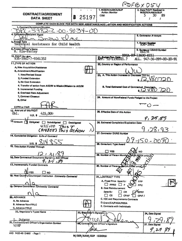 AID contract with John Snow, Inc. for technical assistance for child care project