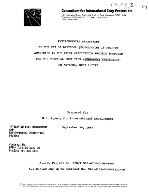Environmental assessment of the use of Bayticol (flumethrin) 1% pour - on acaricide in the pilot eradication project proposed for the tropical bont tick (Amblyomma variegatum) on Antigua, West Indies