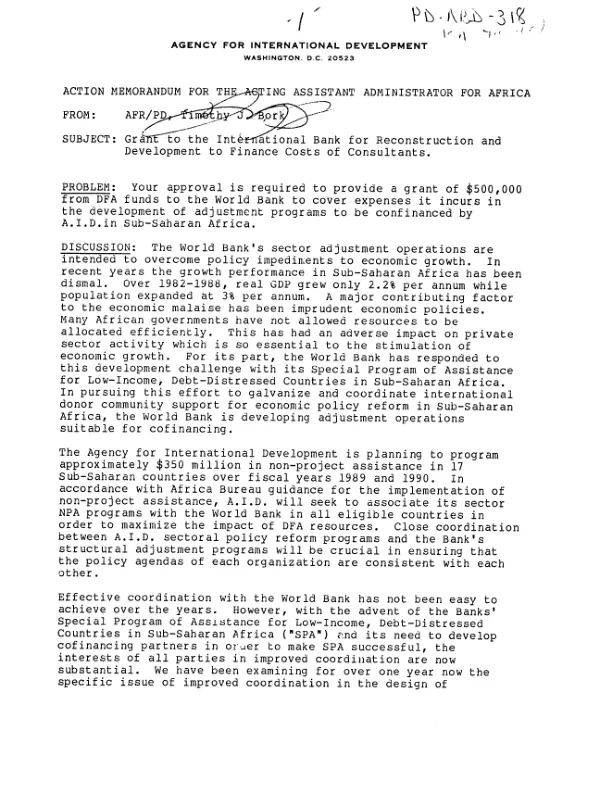 Action memorandum for the Acting Assistant Administrator for Africa : grant to the International Bank for Reconstruction and Development to finance costs for consultants