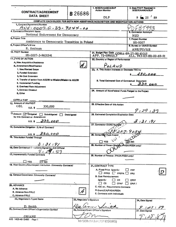 AID grant no. ANE-0007-G-SS-9044-00 to the National Endowment for Democracy for a program to support the Democratic transition in Poland