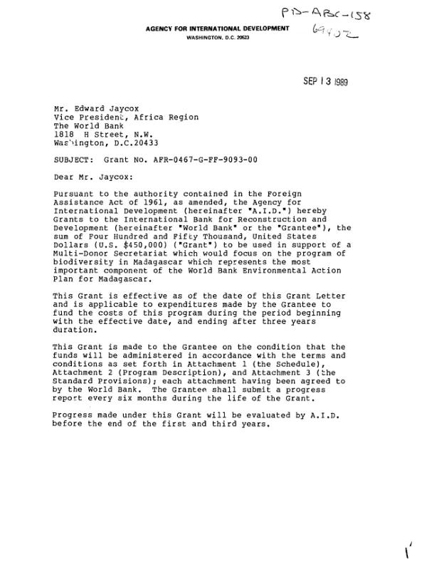 AID grant no. AFR-0467-FF-9093-00 to the World Bank for a program of biodiversity in Madagascar
