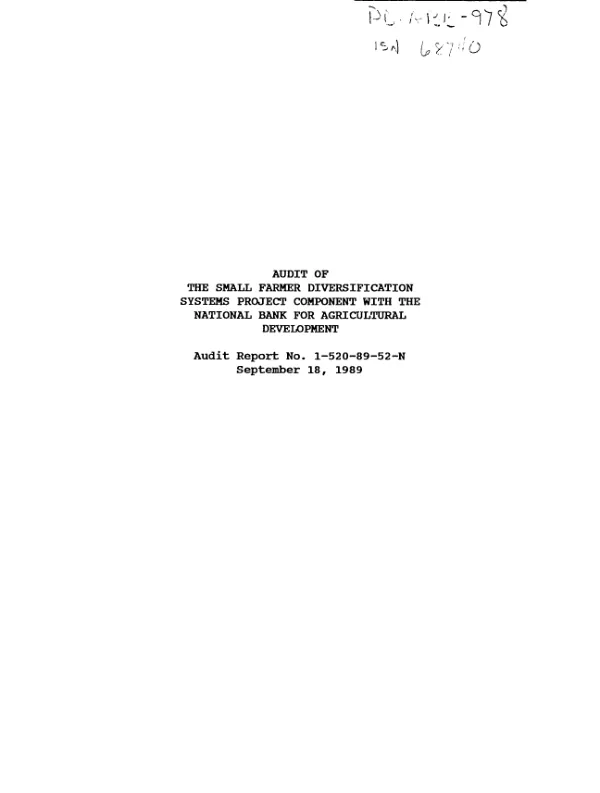 Audit of the small farmer diversification systems project component with the National Bank for Agricultural Development