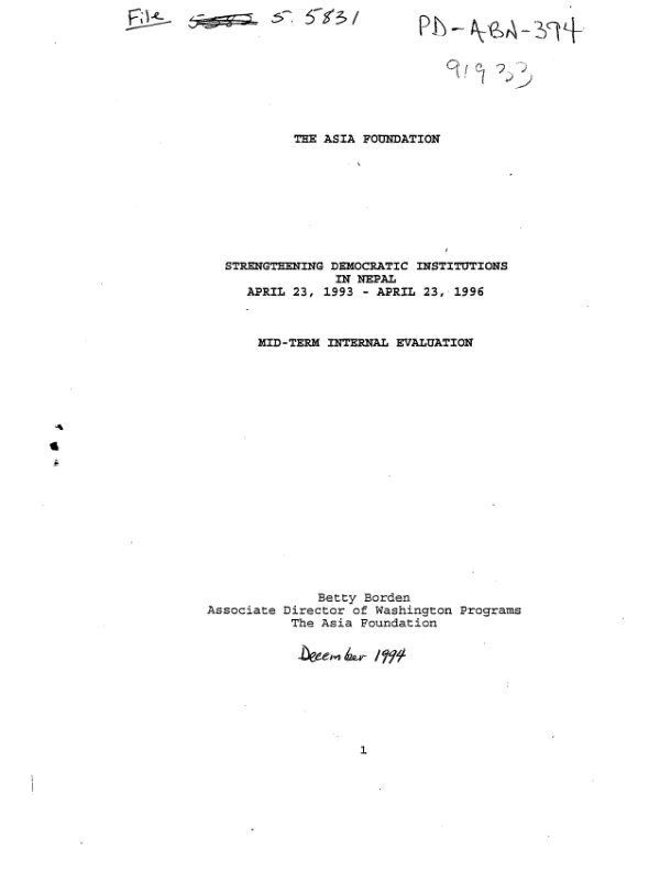 Strengthening democratic institutions in Nepal -- April 23, 1993-April 23, 1996 : mid-term internal evaluation