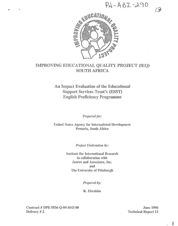 Improving educational quality project (IEQ) -- South Africa : an impact evaluation of the Educational Support Services Trust's (ESST) English proficiency programme