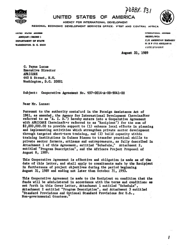 AID cooperative agreement no. 657-0014-A-00-9041-00 to AFRICARE for vocational educational training