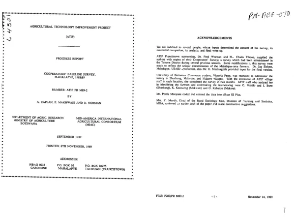 Agricultural technology improvement project (ATIP) progress report : cooperators" baseline survey, Mahalapye (1988-1989)