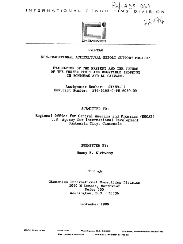 PROEXAG, non-traditional agricultural export support project : evaluation of the present and the future of the frozen fruit and vegetable industry in Honduras and El Salvador