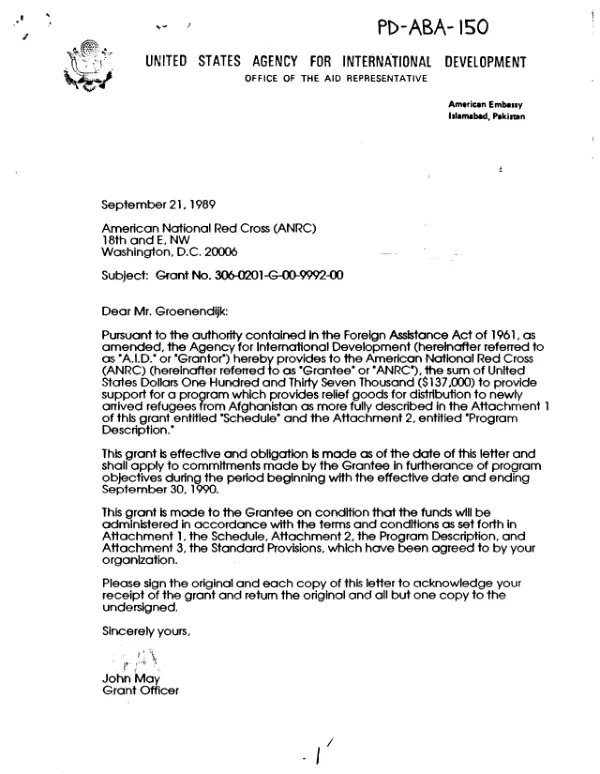 AID grant no. 306-0201-G-00-9992-00 to the American National Red Cross (ANRC) to support a program providing relief goods for distribution to newly arrived refugees from Afghanistan