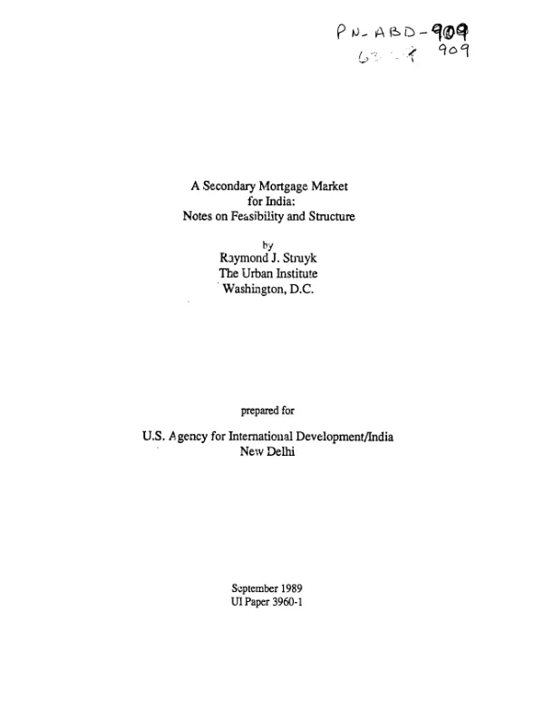 Secondary mortgage market for India : notes on feasibility and structure