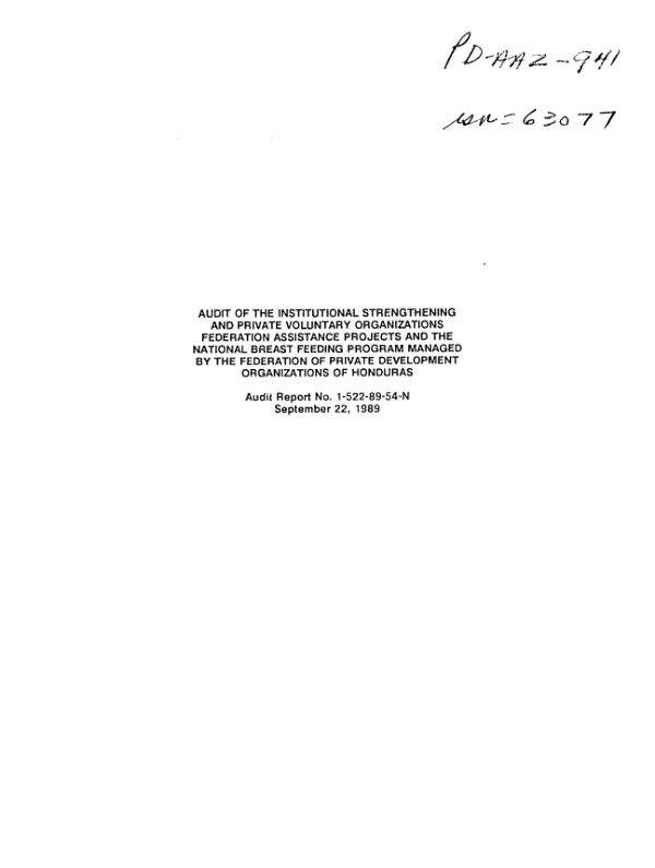 Audit of the institutional strengthening and private voluntary organizations federation assistance projects and the national breast feeding program managed by the Federation of Private Development Organizations of Honduras