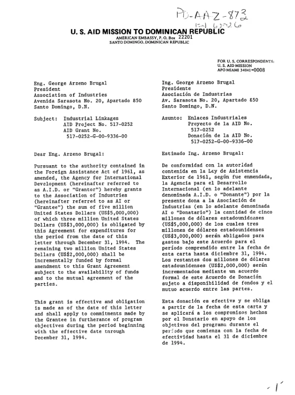 Grant no. 517-0252-G-00-9336-00 to Association of Industries for industrial linkages
