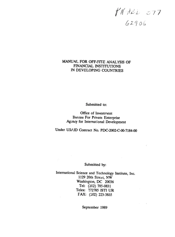 Manual for off-site analysis of financial institutions in developing countries