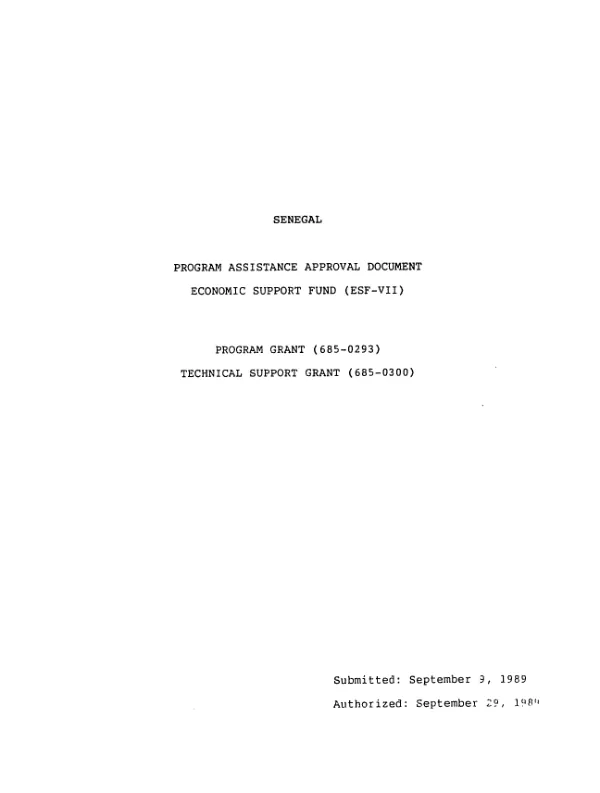Senegal : program assistance approval document -- economic support fund (ESF-VII) -- program grant (685-0293), technical support grant (6850300)