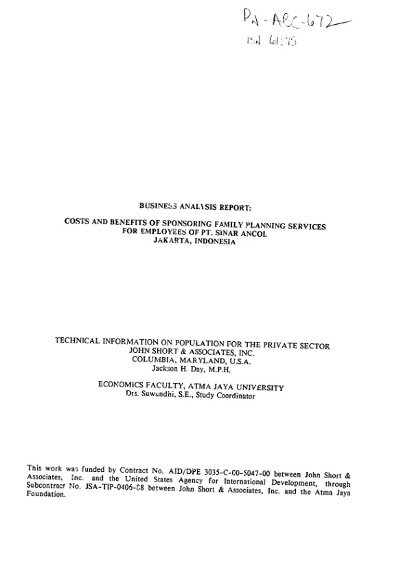 Business analysis report : costs and benefits of sponsoring family planning services for employees of PT. Sinar Ancol, Jakarta, Indonesia