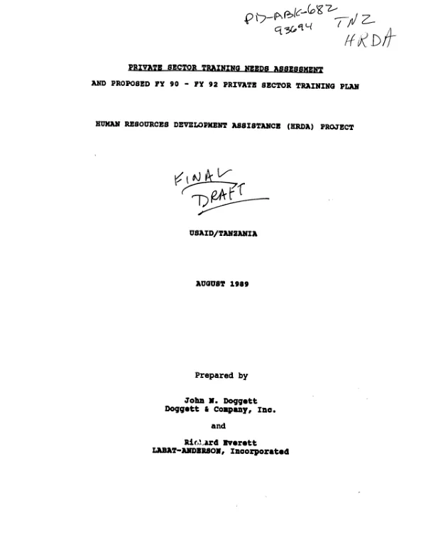 Private sector training needs assessment and proposed FY 90 - FY 92 private sector training plan : human resources development assistance (HRDA) project -- final draft