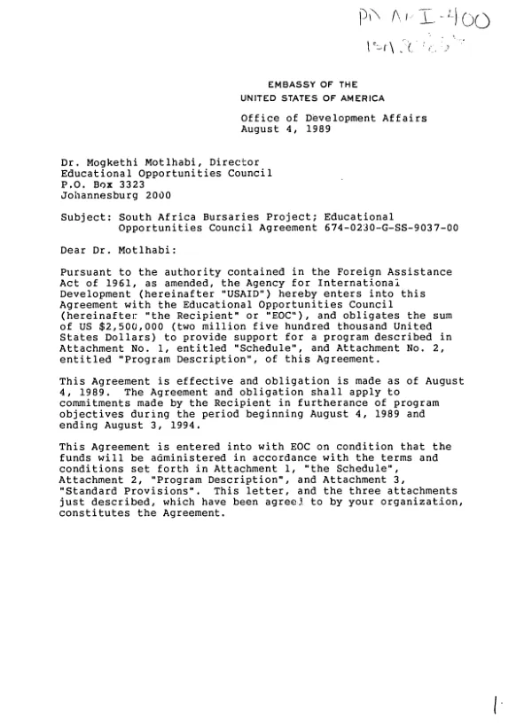 South Africa bursaries project : Educational Opportunities Council agreement no. 674-0230-G-SS-9037-00