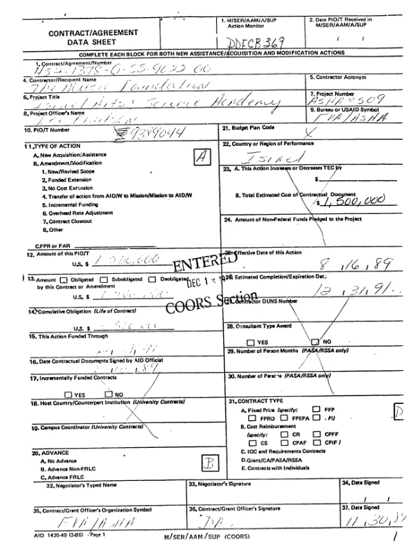 Grant by the United States of America to the Music Foundation for Israel Arts and Science Academy