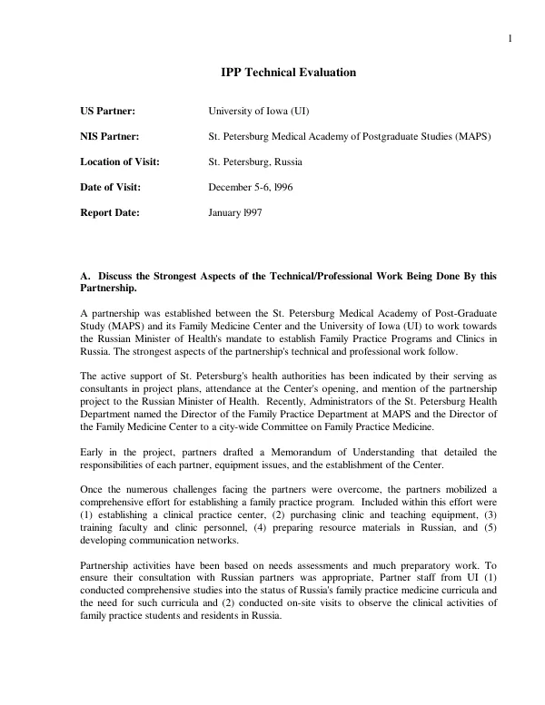 IPP [institutional partnership project] technical evaluation [report of the partnership between the University of Iowa (UI) and St. Petersburg Medical Academy of Postgraduate Studies (MAPS)]