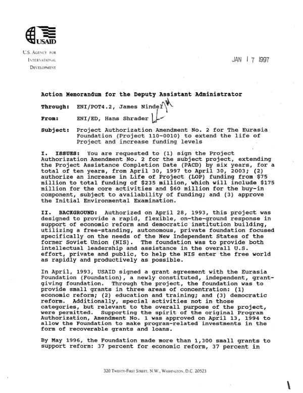 Action memorandum for the Deputy Assistant Administrator [: project authorization amendment no. 2 for the Eurasia Foundation (project 110-0010) to extend the life of the project and increase funding levels]