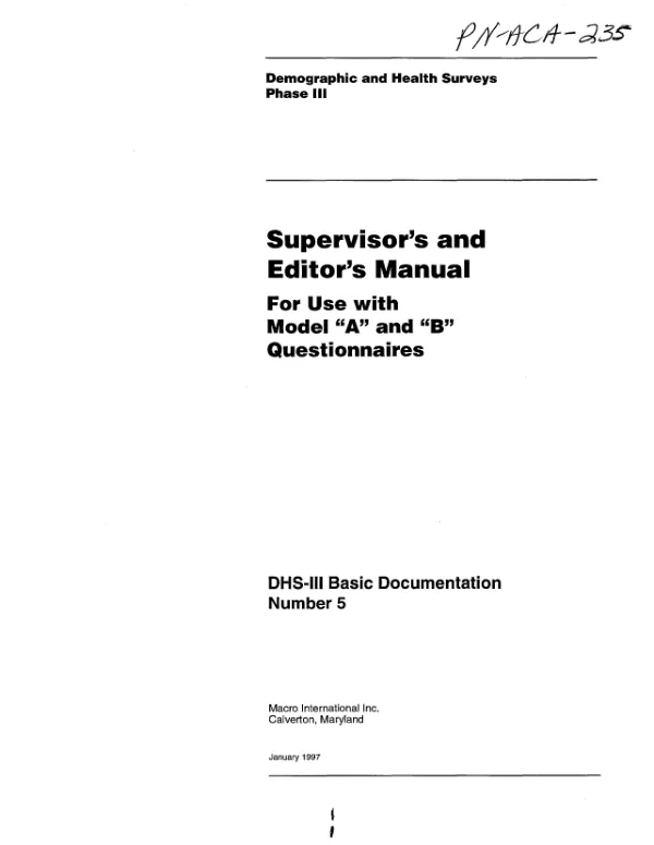 Supervisor"s and editor"s manual for use with model "A" and "B" questionnaires