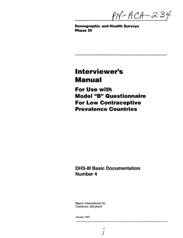 Interviewer"s manual for use with model "B" questionnaire for low contraceptive prevalence countries