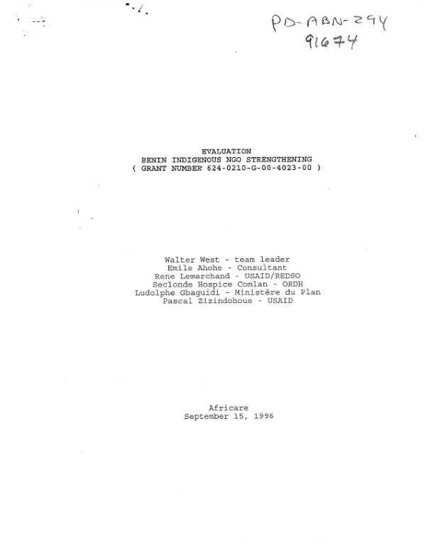 Evaluation : Benin indigenous NGO strengthening (grant no. 624-0210-G-00-4023-00)