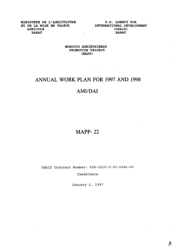 Morocco agribusiness promotion project : annual work plan for 1997 and 1998 -- AMI/DAI