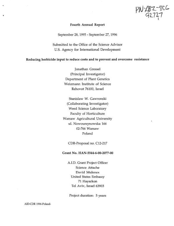 Fourth annual report, September 28, 1995-September 27, 1996 : reducing herbicide input to reduce costs and to prevent and overcome resistance