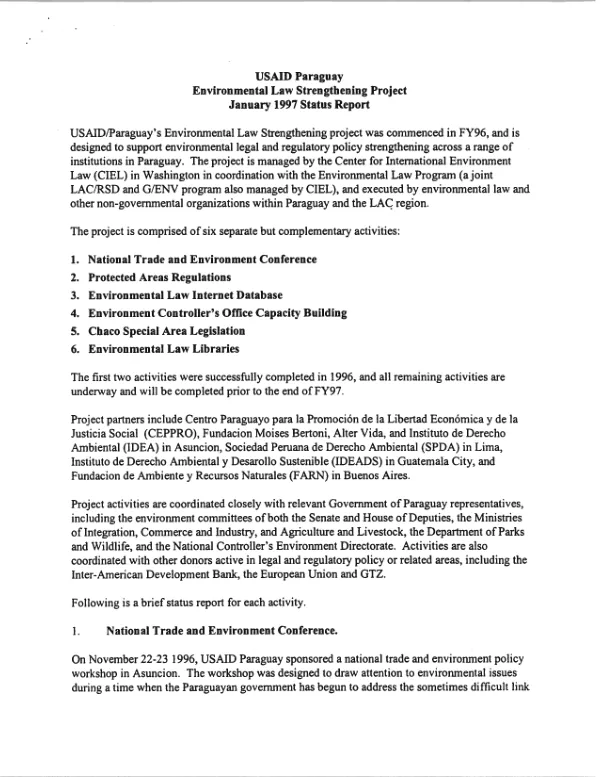 USAID Paraguay environmental strengthening project January 1997 status report