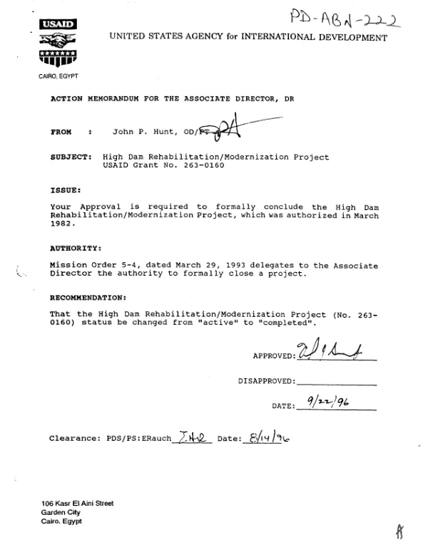 Project assistance completion report : High Dam rehabilitation/modernization, USAID grant no. 263-0160
