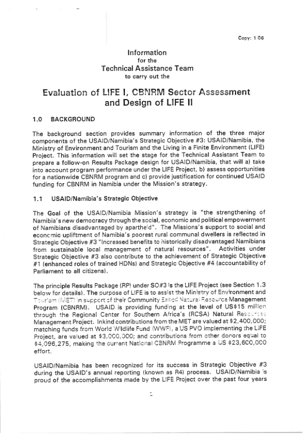 Information for the technical assistance team to carry out the evaluation of the LIFE I, CBNRM sector assessment and design of LIFE II