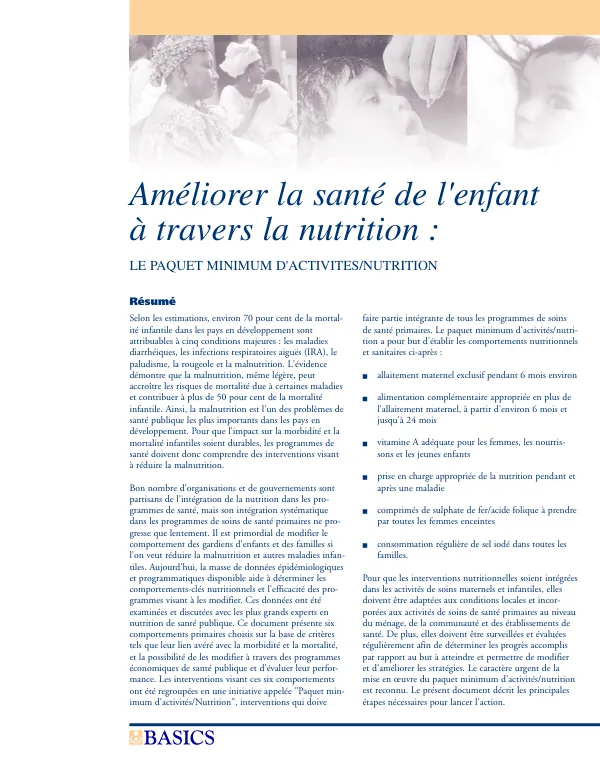 Ameliorer la sante de l"enfant a travers la nutrition : le paquet minimum d"activites/nutrition