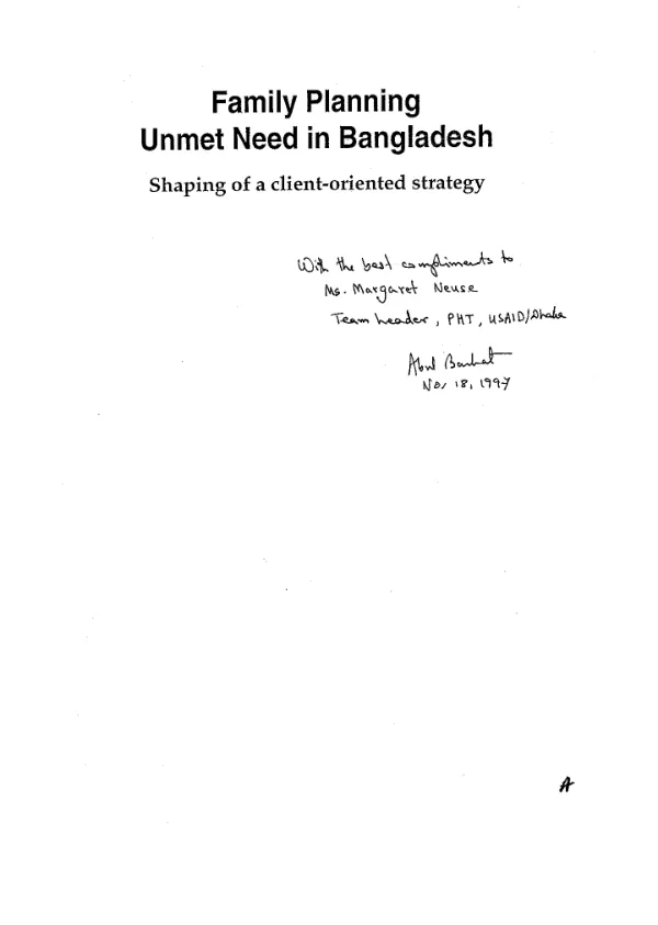 Family planning : unmet need in Bangladesh -- shaping of a client-oriented strategy