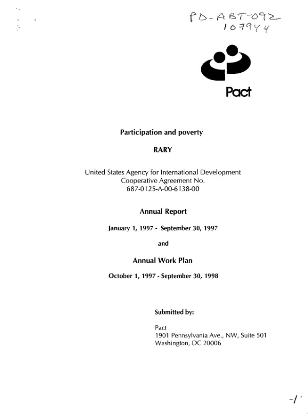 Participation and poverty project (RARY) : annual report, January 1, 1997-September 30, 1997 and annual work plan, October 1, 1997-September 30, 1998
