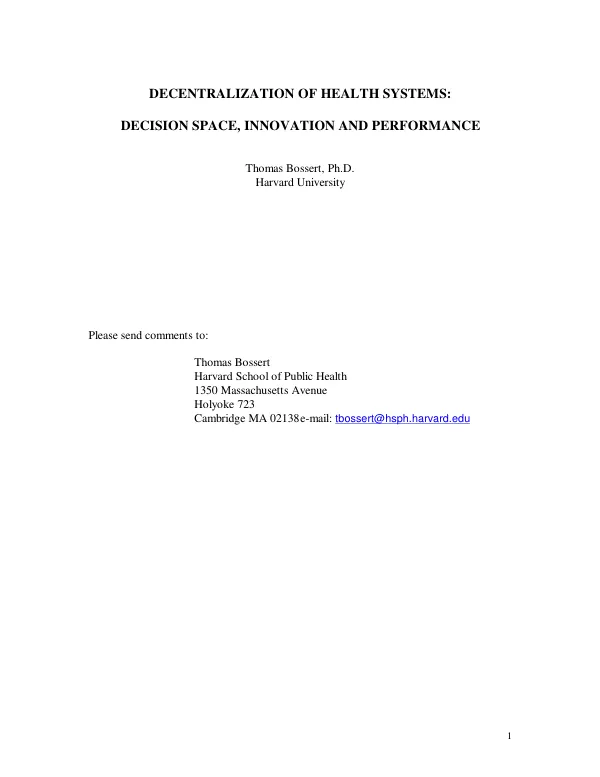 Decentralization of health systems : decision space, innovation and performance