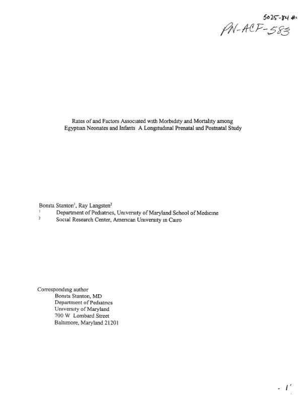 Rates of and factors associated with morbidity and mortality among Egyptian neonates and infants : a longitudinal prenatal and postnatal study