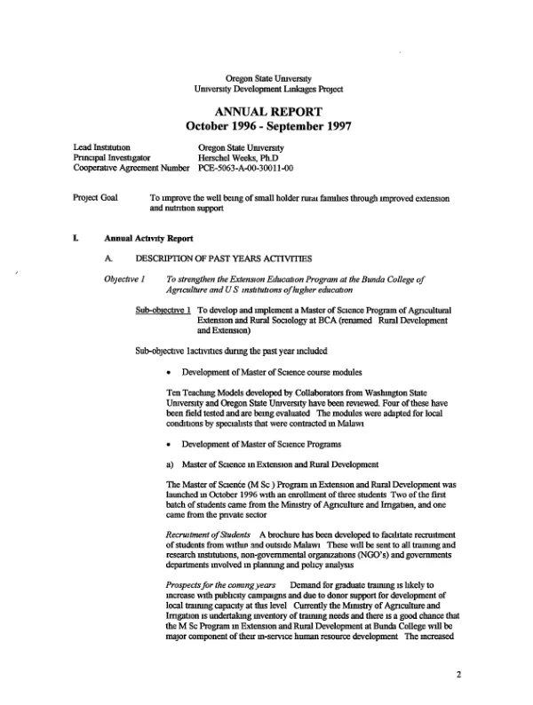 Oregon State University : university development linkages project [UDLP] -- annual report, October 1996-September 1997 ; cooperative agreement no. PCE-5063-A-00-3011-00
