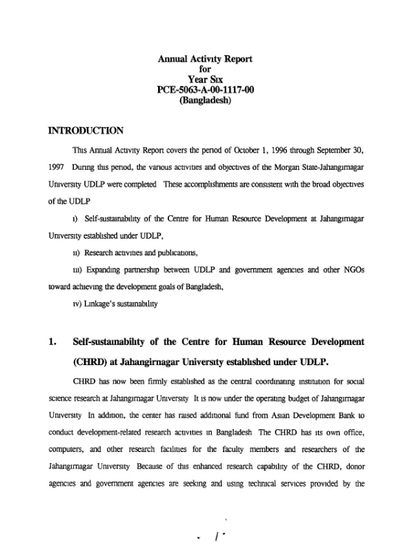Annual activity report for year six : PCE-5063-A-00-1117-00 (Bangladesh) [-- October 1, 1996 through September 30, 1997]