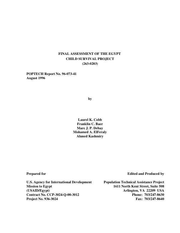 Final assessment of the Egypt child survival project (263-0203)