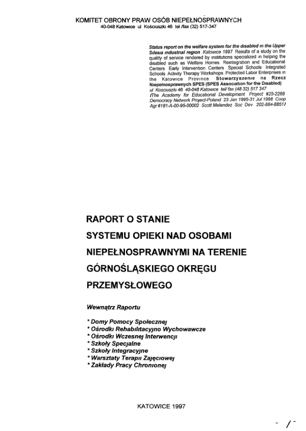 Raport o stanie systemu opieki nad osobami niepelnosprawnymi na terenie gornoslaskiego okregu przemyslowego