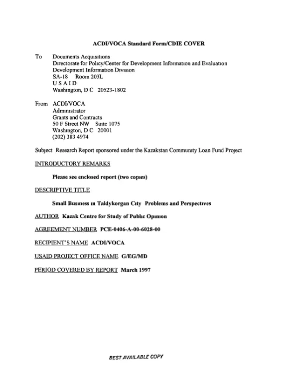 Research results : small business in Taldykorgan City : problems and persepctives