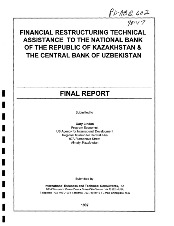 Financial restructuring technical assistance to the National Bank of the Republic of Kazakhstan and the Central Bank of Uzbekistan : final report