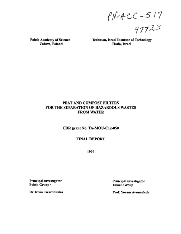 Peat and compost filters for the separation of hazardous wastes from water : final report
