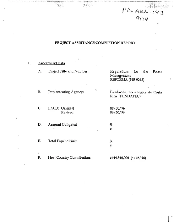 Project assistance completion report : regulations for the forest management (REFORMA) (515-0263)