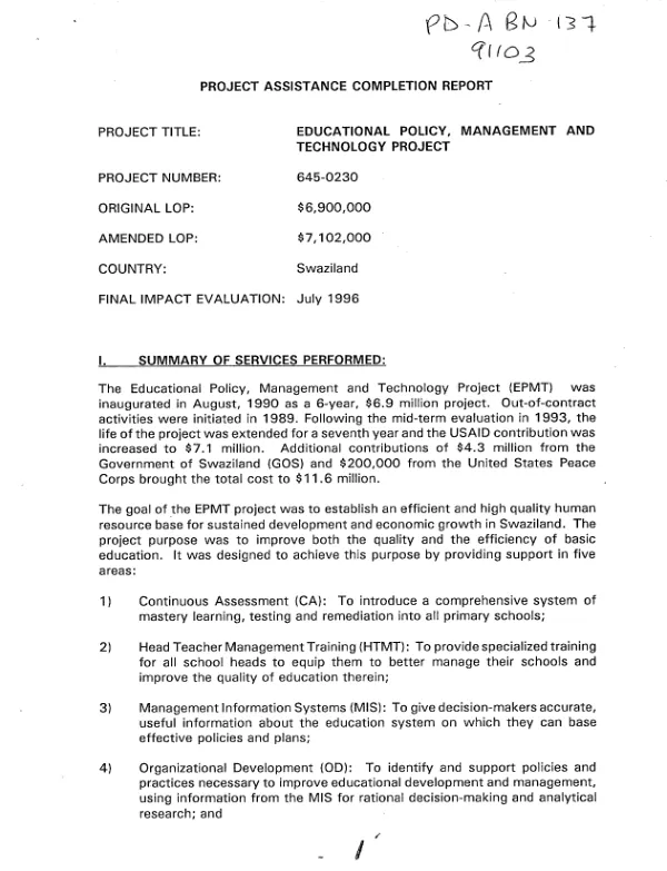 Project assistance completion report : educational policy, management and technology project