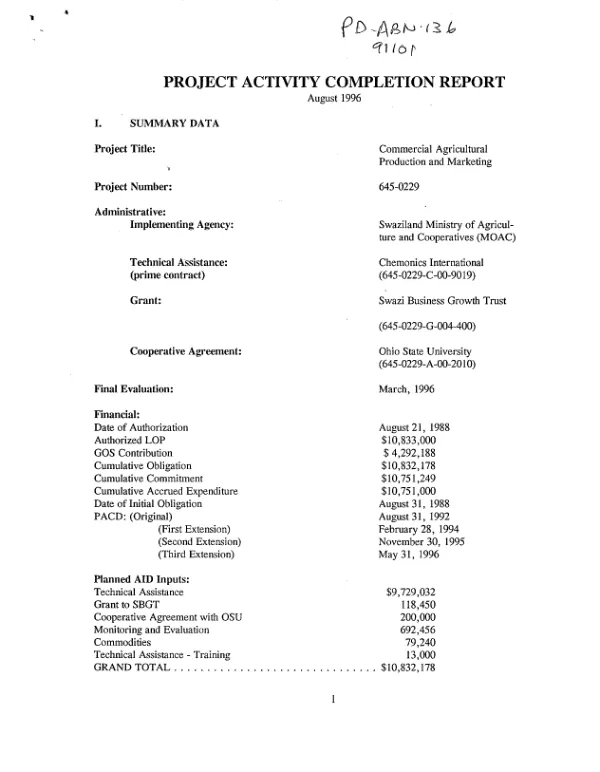 Project activity completion report : commercial agricultural production and marketing