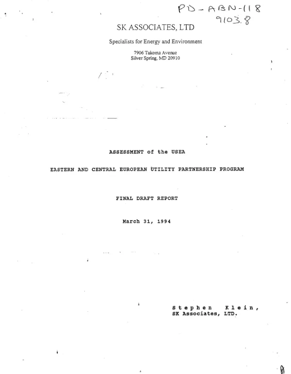 Assessment of the USEA [United States Energy Association] Eastern and Central European utility partnership program : final draft report