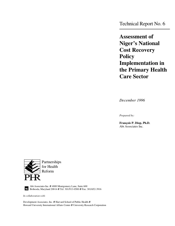 Assessment of Niger"s national cost recovery policy implementation in the primary health care sector